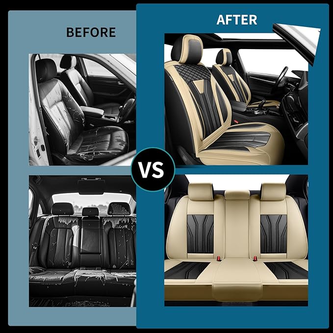 Fit Rogue Car Seat Covers Compatible with Nissan Rogue 2011-2025 2026 - Premium Leather， Waterproof Breathable， All-Weather Seat Cushion Protecto&Airbag Compatible (2 Front Seat Beige&Black)