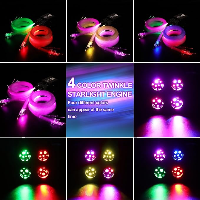 36W 4-Color RGBW Car Starlight Headliner Kit, 400pcs0.03in9.8ft, Twinkle & Sound Activate 4-Port Fiber Optic Light Engine with Bluetooth APP&Remote Control, Star Lights for Car and Home