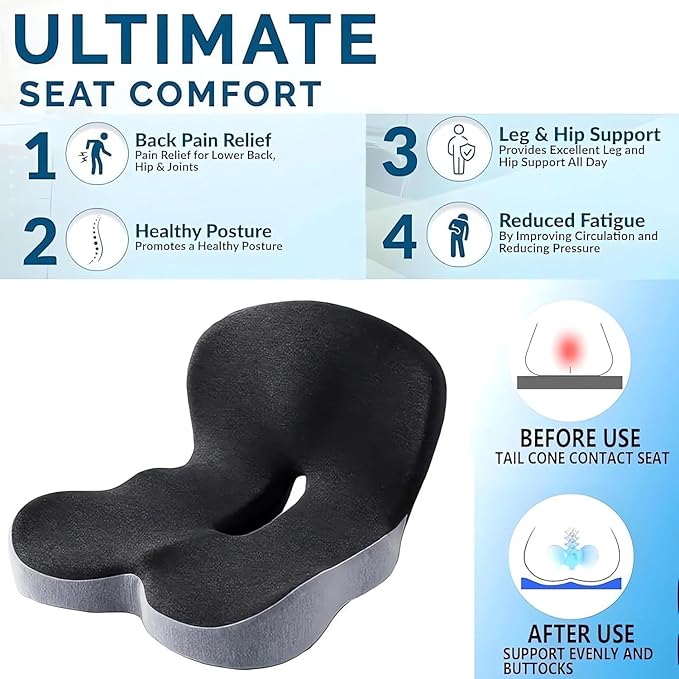 L-Shaped Memory Foam Seat Cushion with Lumbar Support-Ergonomic Car & Office Chair Cushion for Sciatica, Coccyx & Back Pain Relief Supports Hips & Back for Drivers & Long Sitting (Double Grey)