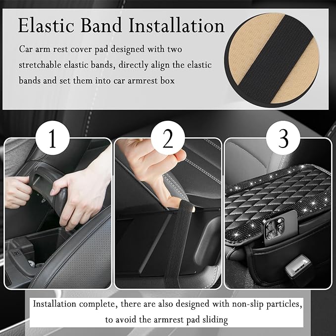 Car Center Console Cover with Diamond Grid Design,Bling Armrest Cover Cushion with 2 Storage Bags,Soft Leather Arm Rest Cover for Car Interior Accessories (Black + Black)