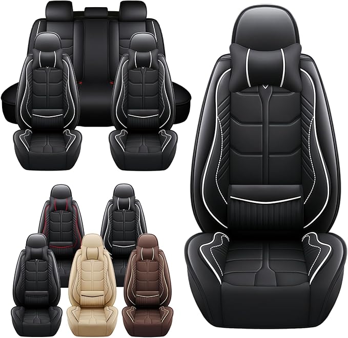 Leather Car Seat Covers Fit for Toyota FJ Cruiser 2002-2024, 5 Seater Car Seat Cover, Premium Waterproof, Scratch Resistant Car Interior Accessories (Full Set with Pillow Black White)