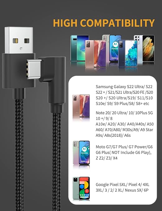 USB C Cable Right Angle [3-Pack, 6.6ft] 3A USB Type C Charger Fast Charging Cable, 90 Degree USB A to USB C Nylon Braided Cord for iPhone 17 16 15 Pro Max Plus, Galaxy S24 S23,Note 20, Moto G, LG, PS5