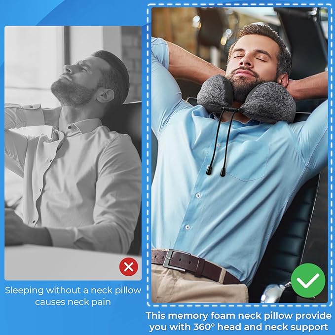 Travel Pillow, 2 Pack Travel Pillows for Sleeping Airplane, Removable Cover Neck Pillow with Adjustable Clasp, Memory Foam Neck Pillow Set (Dark Grey & Black)