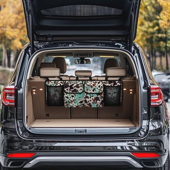 Hanging Car Back Seat Organizer Mint Black Brown Cow Spots Car Backseat Trunk Organizer for Grocery Cargo Storage Bag