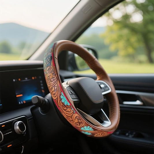 Steering Wheel Cover Western Car Tooled Leather Retro Cowboy Car & Truck Accessory, Universal 15 Inch Non Slip Wheel Cover for SUV, Pickup, Comfortable Grip, Easy to Install (Coffee)