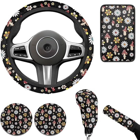 Mushroon Car Accessories 6 Pcs Sets for Men Women Many Flower Cute Car Steering Wheel Cover Cup Coaster Handbrake Cover Suit for Cars Truck Vans SUV
