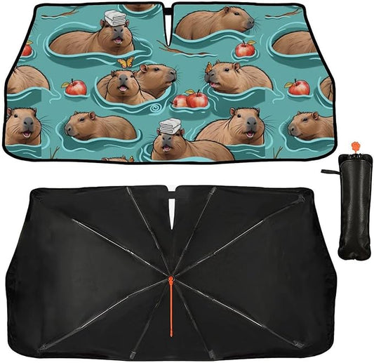 Cute Capybara Print Car Sunshade Umbrella Capybaras Windshield Sun Shade for Car Retractable Umbrella Sunshades for Front Window Cute Sun Shades Cover Visor Portector Block UV Rays