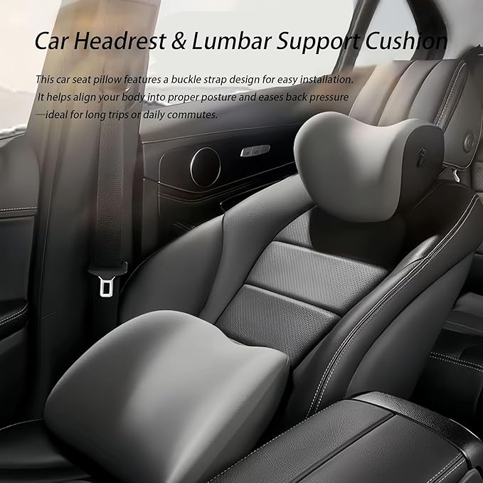 Car Lumbar Support Pillow and Car Neck Pillow Kit for KIA K3 2023 2024 2025 2026, Car Seat Neck Back Rest Pillows, Ergonomic Car Seat Headrest & Lumbar Cushion,B Grey