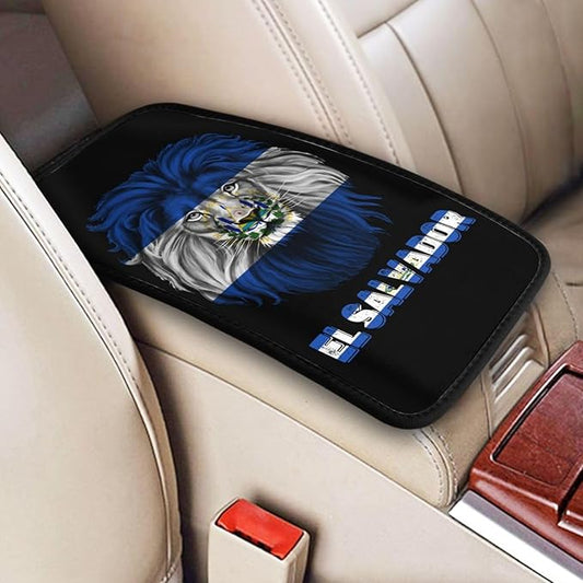 Vintage El Salvador Salvadoran Flag Lion Head Auto Center Console Armrest Cover Car Handrail Box Cushion Pad Mat Universal Fit Most Vehicle Sedan Truck SUV Soft Comfort Decor Accessories