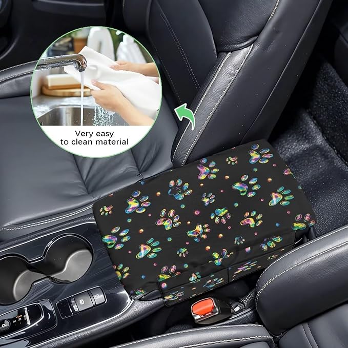 Dreaweet Tie Dye Dog Paw Center Console Cover Thick Car Armrest Cushion with Storage Bag Soft Comfortable Arm Rest for Car Center Console Universal Fit SUV Truck Sedan