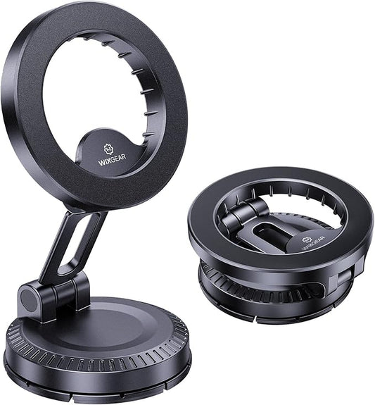 WixGear Stick-On Foldable Magnetic Car Mount Dashboard Phone Holder, Strong Magnet Mount for MagSafe iPhone & All Smartphones, 3M VHB Adhesive Dashboard Mount, 360° Adjustable Compact Design