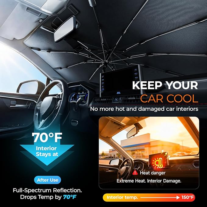 Windshield Sun Shade Umbrella for Ford F150 Accessories 2015-2025 2026, UV Block F150 Sun Shade for F-150 Truck Sunshade for Car Windshield, Heat Shield Sunshade for Ford Front Windshield.