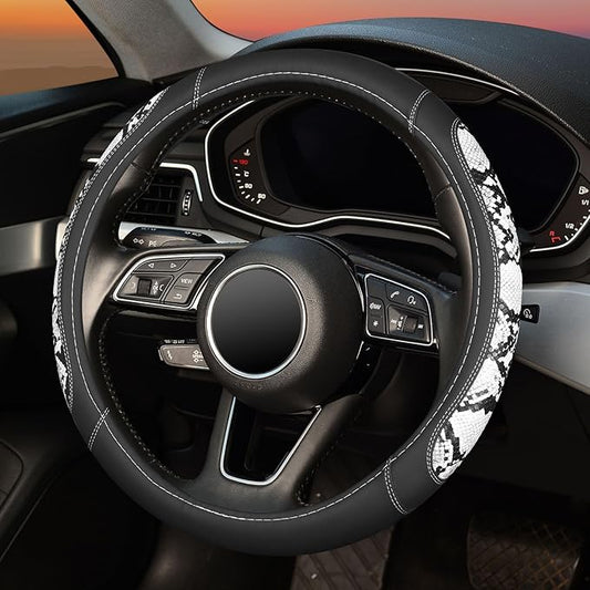 ZHOL Snake Skin Leather Steering Wheel Cover,Black and White Animal Fur Car Accessory Steering Wheel Cover,Universal 14.5-15inch,Anti-Slip Car Steering Wheel Protector for Women Men