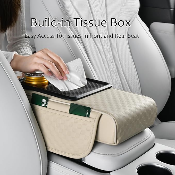 Car Center Console Armrest Pad, Arm Rest Box Cushion with Ergonomic Height Boost, Storage Pockets, Built-in Tissue Box, Cupholder, Fit for Most Sedan Vehicles (Embossing Checkerboard, Black)