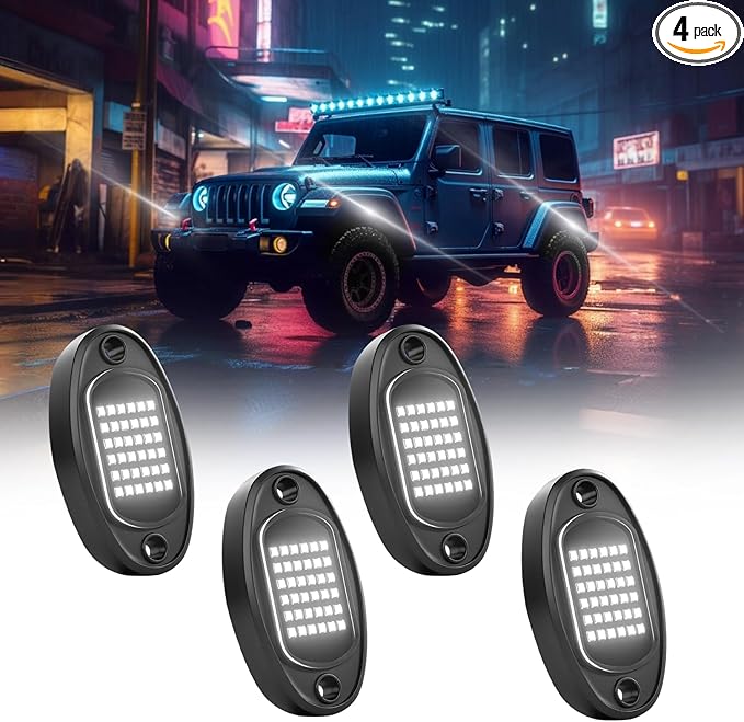 GSRECY Rock Lights Ultra Bright LED Neon Underglow Lights Waterproof for Trucks Pickup SUV UTV ATV RZR Car Boats Motorcycle (White, 4 Pods)