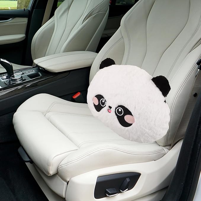 Lumbar Support Pillow for Car Seat Cushion with Cartoon Panda Cover, Plush Back Rest for Driver and Office Chair, Soft Airplane Neck Pillow for Lower Back Relief