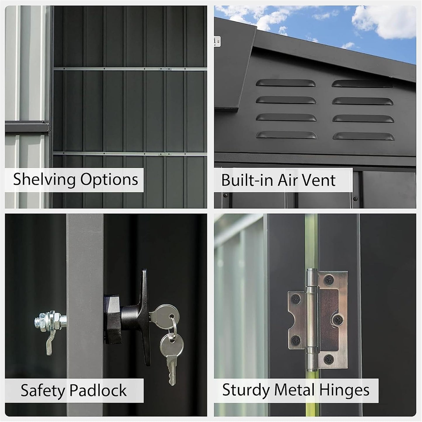 IKERY Galvanized Steel Storage Shed 8.2' x 6.2' with Lockable Door - Large Metal Garden Shed for Bikes, Trash Cans, Outdoor Storage - Backyard, Patio - Dark Gray