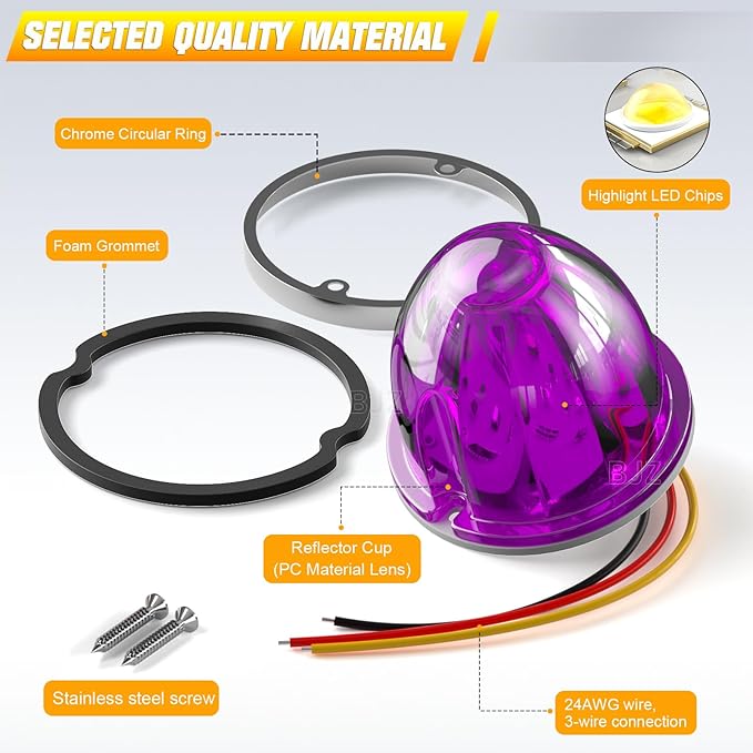 BJZ 6Pcs Purple Watermelon LED Strobe+Constant Marker Lights Dual Function Watermelon-Shaped Side Marker Clearance Tail Top Cap Roof Lights for Trailer Truck Semi-Trailer Heavy-Duty Truck Bus Van