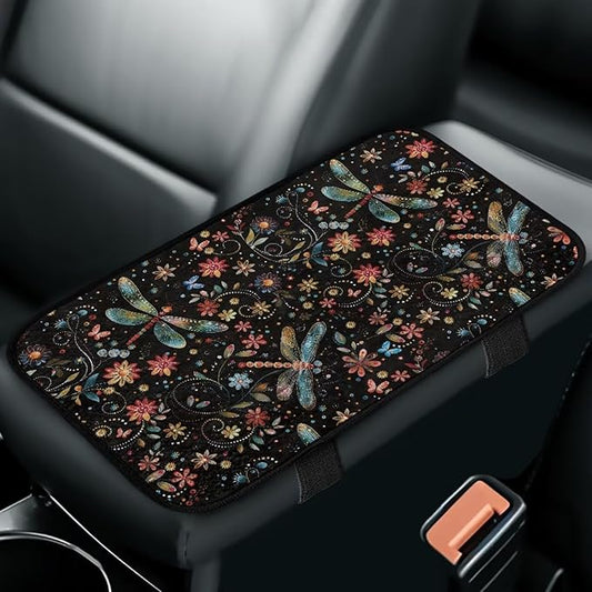 Flower Dragonfly Car Armrest Cushion Scratch Resistant Car Center Console Cushion Pad Full Coverage Armrest Cover Center Console Cushion Fit for Cars Truck SUV or Vans