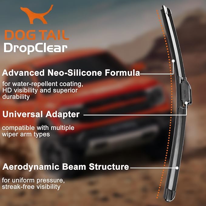 DOG TAIL Water Repellent Silicone Wiper Blades 28" 20" Set with Multiple Adapters and 2 Refills, Automotive Replacement Front Windshield Wiper Blades for My Car with Water Repellency Formula DropClear