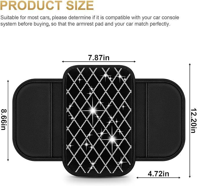 Bling Center Console Cover with 2 Side Pockets Fit for Highlander Multi-Functional Car Armrest Cushion Diamond-Studded Rhombus Pattern Style(Black&Silver Diamond)