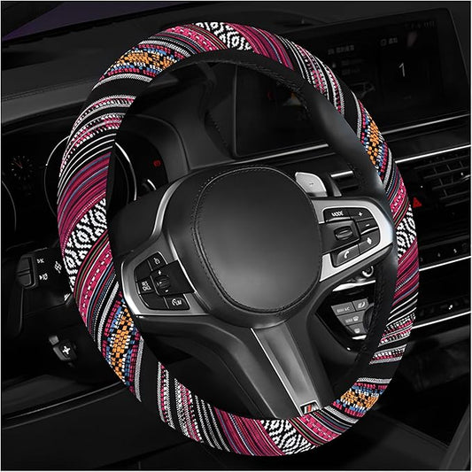 Boho Steering Wheel Cover, 15 Inch Coarse Flax Cloth Ethnic Style Anti-Slip Car Wheel Wrap, Universal Breathable Bohemian Steering Wheel Protector for Cars Vans Trucks (J)