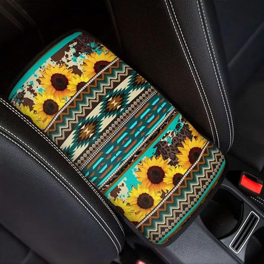 Coldinair Tribal Aztec Car Armrest Cover,Sunflower Auto Center Console Pad,Soft Seat Box Cover Protector Cushion,Car Accessories Decor for Most Cars,Sedan,Truck,SUV