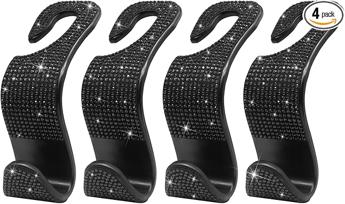 Generic Car Purse Hook Bling Car Headrest Hook for Women Girls, 4 Packs Auto Back Seat Hangers Rear Headrest Hook for Purse, Bag, Handbag, Grocery (Black)
