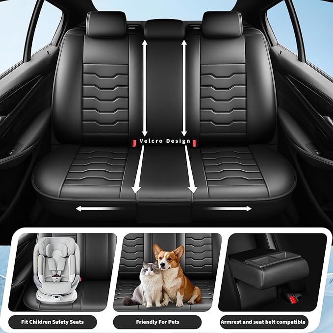 Fit Kona Car Seat Covers for Select Hyundai Kona 2018-2025 2026. Premium Leather, Waterproof， Breathable, Scratch-Resistant & All-Weather Seat Cushion Protector (Front Pair, Black)