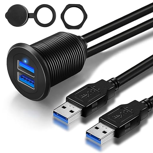 Double Port USB 3.0 Car Mount Flush Cable, USB3.0 Male to Female Car Mount Extension Cable for Boat Dashboard Panel 1ft