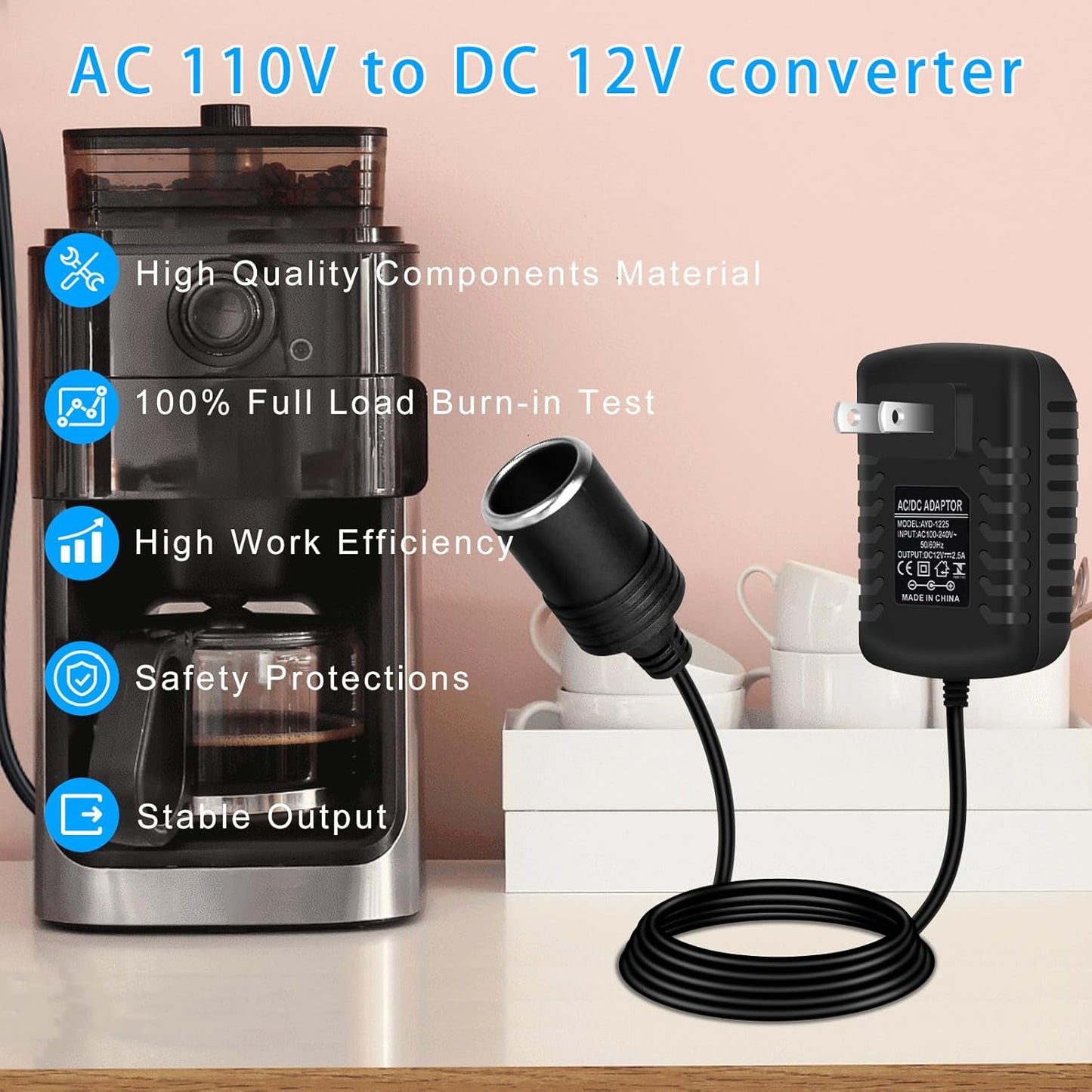 inShareplus 12V 2.5A 30W AC to DC Converter, 12 Volt Car Cigarette Lighter Adapter to Wall Outlet, 110V to 12V Power Supply for Car Devices (MP3, Fan, Dash Cam), 2 Pack