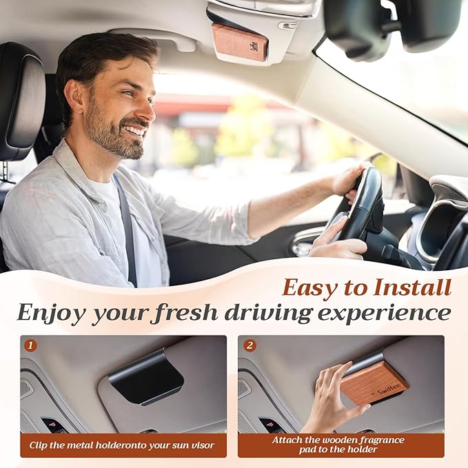 4 Pcs Car Wood Air Freshener Tectona Grandis Wood Fragrance Automotive Odor Eliminator for Visor Clip Vehicle Scent Diffuser with Scent Refill, Clip Included