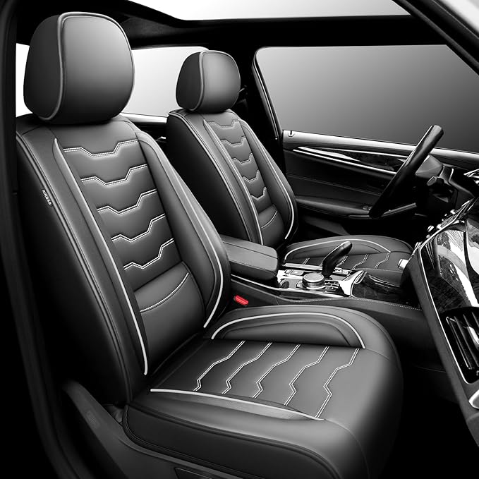 Fit CRV Car Seat Covers Premium Leather for Honda CRV cr-v 2011-2025 2026. Waterproof， Breathable, Scratch-Resistant & All-Weather Seat Cushion Protector (Front Seat,White Line Black)