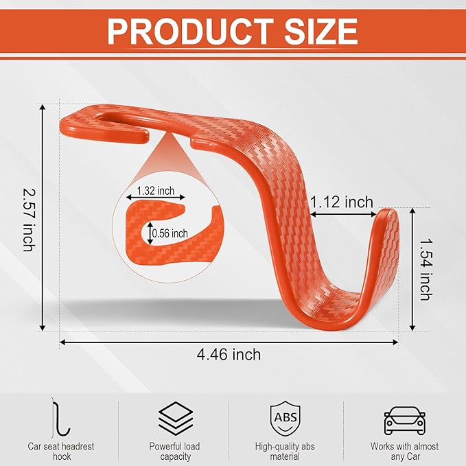 LivTee Car Purse Hook, 4 Pack Universal Auto Seat Headrest Hook Hangers Organizer for Coats, Umbrellas, Groceries - Carbon Fiber Orange