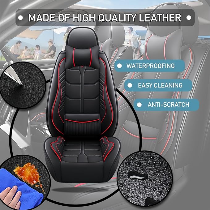 Leather Car Seat Covers Fit for Toyota 4Runner 1991-2024, 5 Seater Car Seat Cover, Premium Waterproof, Scratch Resistant Car Interior Accessories (Full Set with Pillow Black Red)