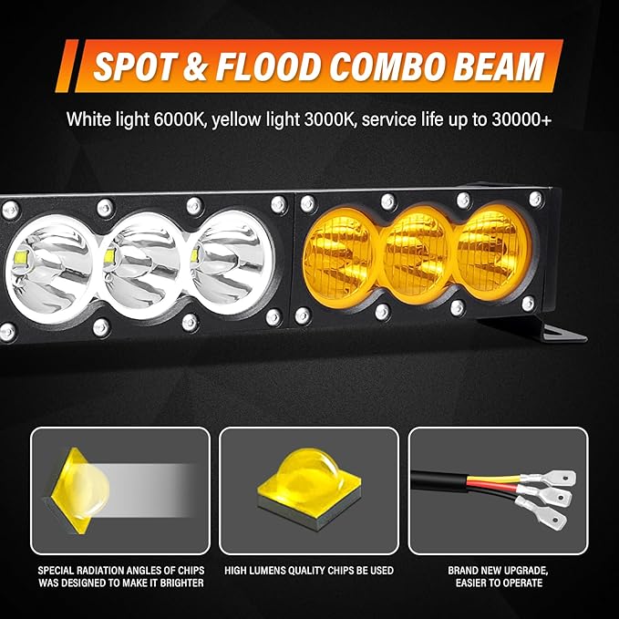 Willpower 17 inch LED Light Bar Single Row White Amber Dual Color 90W Off Road Light Bar Spot Flood Combo LED Work Light Truck UTV 4x4 Cars SUVs ATVs Boats Fog Driving Light with Wiring Harness kit