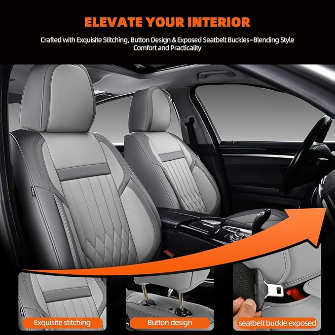 KEYOOG Universal 5-Seater Waterproof Breathable Nappa Leather Car Seat Covers Full Set, Compatible with Toyota Corolla Camry, Lexus LS400, Nissan Rogue, Fit Front Rear Seats Most Sedans SUV- Gray