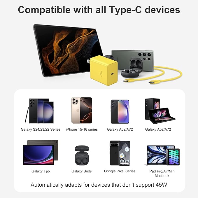 45W Tpye C Charger, USB C Charger 2-Pack iPhone 15 16 Charger 6FT with iPhone 16/16 Plus/16 Pro/16 Pro Max/iPhone 15/15 Pro Max/iPad Pro/AirPods/Galaxy S25 S24 S23 S22 S21,Android Charger(Yellow)