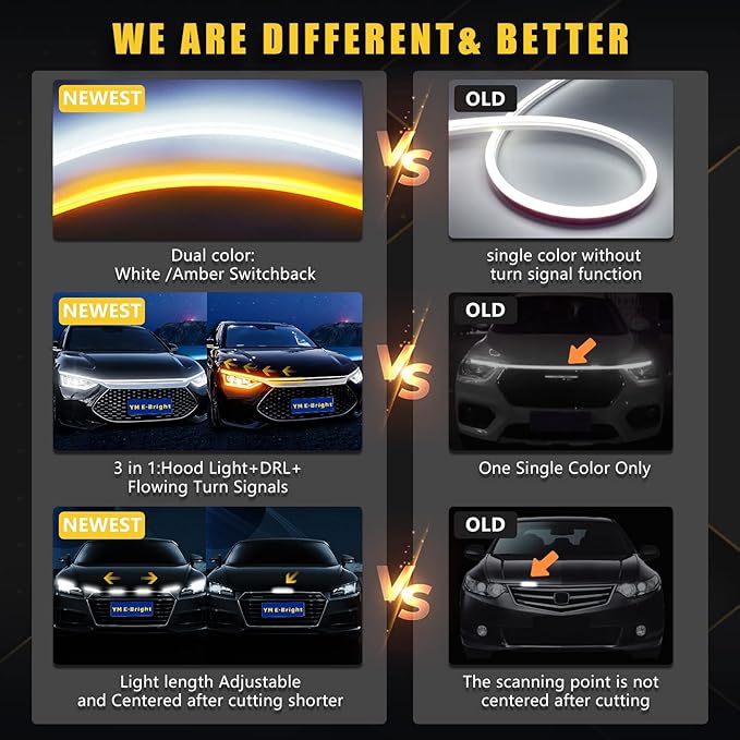 Dynamic Scan Start Up Hood Light Strip Sequential Flowing Turn Signal Lights Flexible DRL Daytime Running Car Led Light Strip Exterior, Dual Color Amber White Switchback 12V 79inch (1 Set)