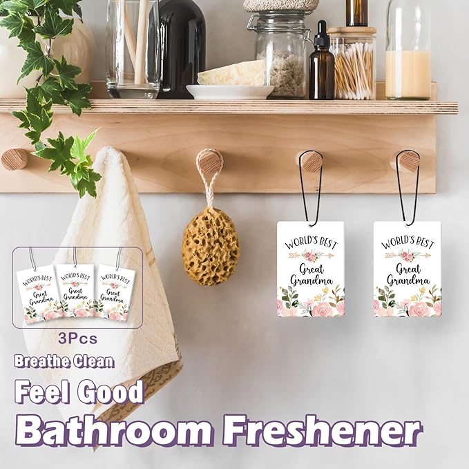 Great Grandma Gifts Car Air Freshener Accessories 3pcs, World's Best Gifts for Granmda Christmas, Pink Flower Rustic Hanging Scent Lavender Fragrance Card for Women Closet Bathroom Home Decor