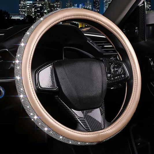Bling Diamond Leather Steering Wheel Cover, Golden Steering Wheel Covers for Women Girls with Crystal Rhinestones, Universal Fit 14.5-15 Inch Car Steering Wheel Bling Cover Accessories