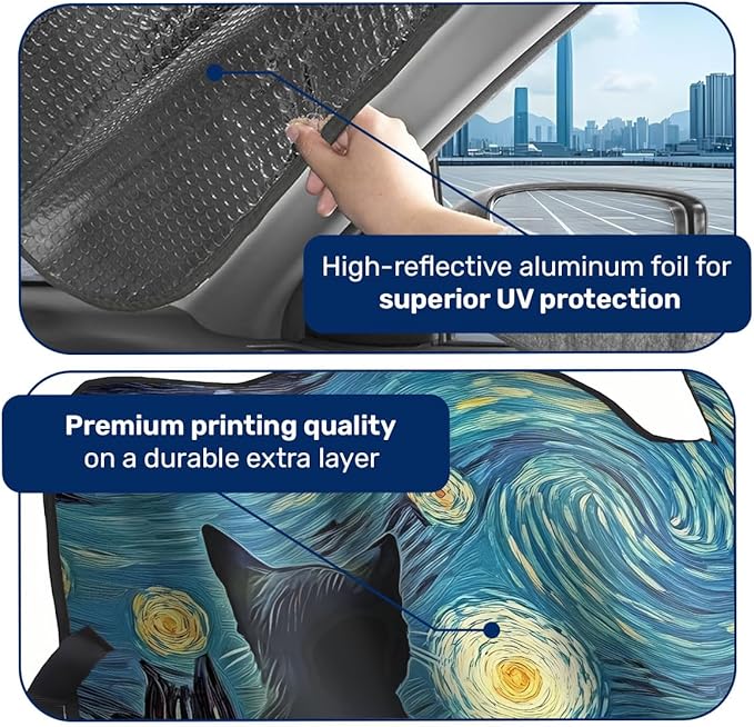GENANY Cat Starry Night Windshield Sun Shade for Car SUV Truck (64x32 Inches), Art Sun Shade Windshield, Shades for Windows, Protector Blocks UV, Car Decor