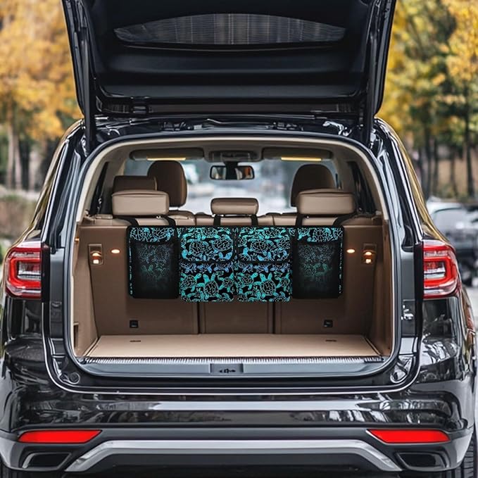 Blue Turtle Print Car Trunk Organizers for Women Foldable Magnetic Cover Backseat Cargo Storage Bag with Elastic Net SUV, Truck, MPV Car Accessories