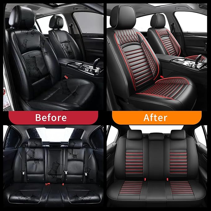 Fit Santa Fe Car Seat Covers for Hyundai Santa Fe 2007-2025 2026 - Upgraded Premium Waterproof & Breathable Leather,Airbag Compatible, All-Weather Seat Cushion Protector(Full Set,Black+Red)