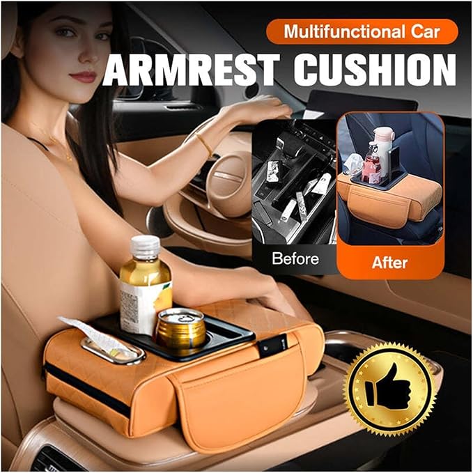 Car Armrest Box Thicken Height Pad Arm Rest Cushion Memory Cotton Elbow Universal Auto Interior Storage Tissue Organizer(Beige)