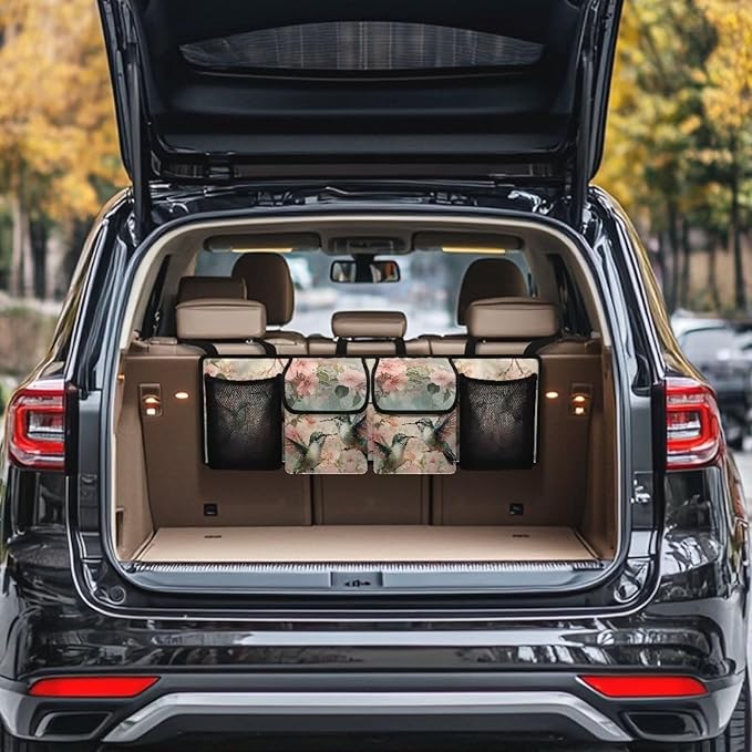 Hanging Car Trunk Organizer, Hummingbird Pink Flower Print Car Back Seat Storage with 4 Pockets Large Capacity Back Seat Storage Bag Waterproof Universal Car Interior Accessories