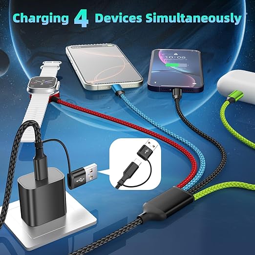 Travel Essentials 4-in-2 Multi Charging Cable with iWatch Charger, 2Pack 5FT Nylon Charging Cords, USB C/USB A Phone Charger Cord for iPhone 17-5, iPad, Galaxy S25-S21, Cruise/Car/Home Use