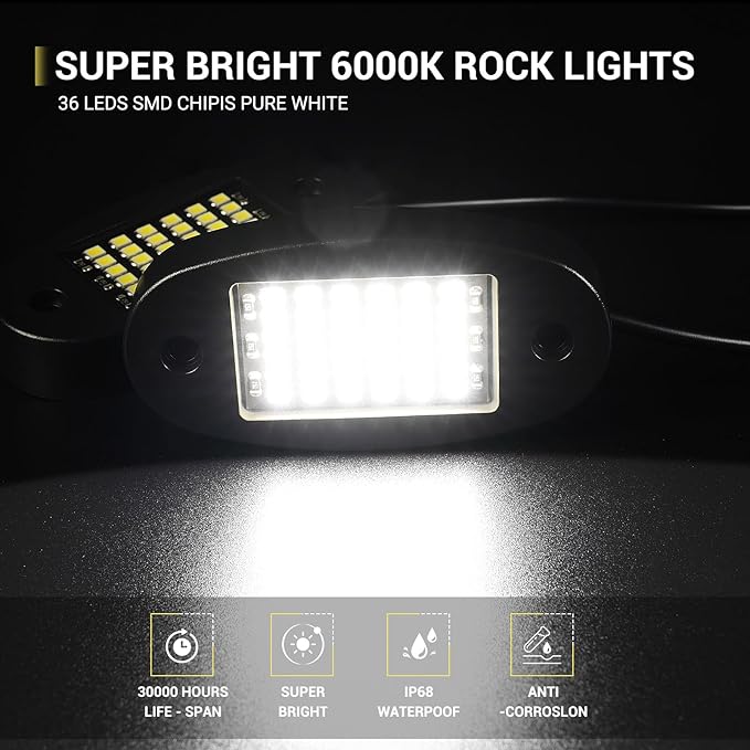 Hovano 20 Pods White Rock Lights 6000K Pure White 36 LEDs SMD Chips Super Bright Neon Underglow Light IP68 Waterproof for Pickup Trucks SUV UTV ATV RZR Car Boats (White)