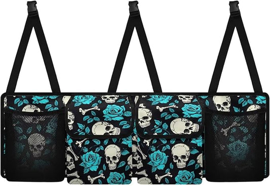 Skull Rose Pattern Car Trunk Organizer and Storage, Backseat Hanging Organizer for SUV, Truck, Collapsible Cargo Storage Bag with 4 Pockets, Car Interior Accessories