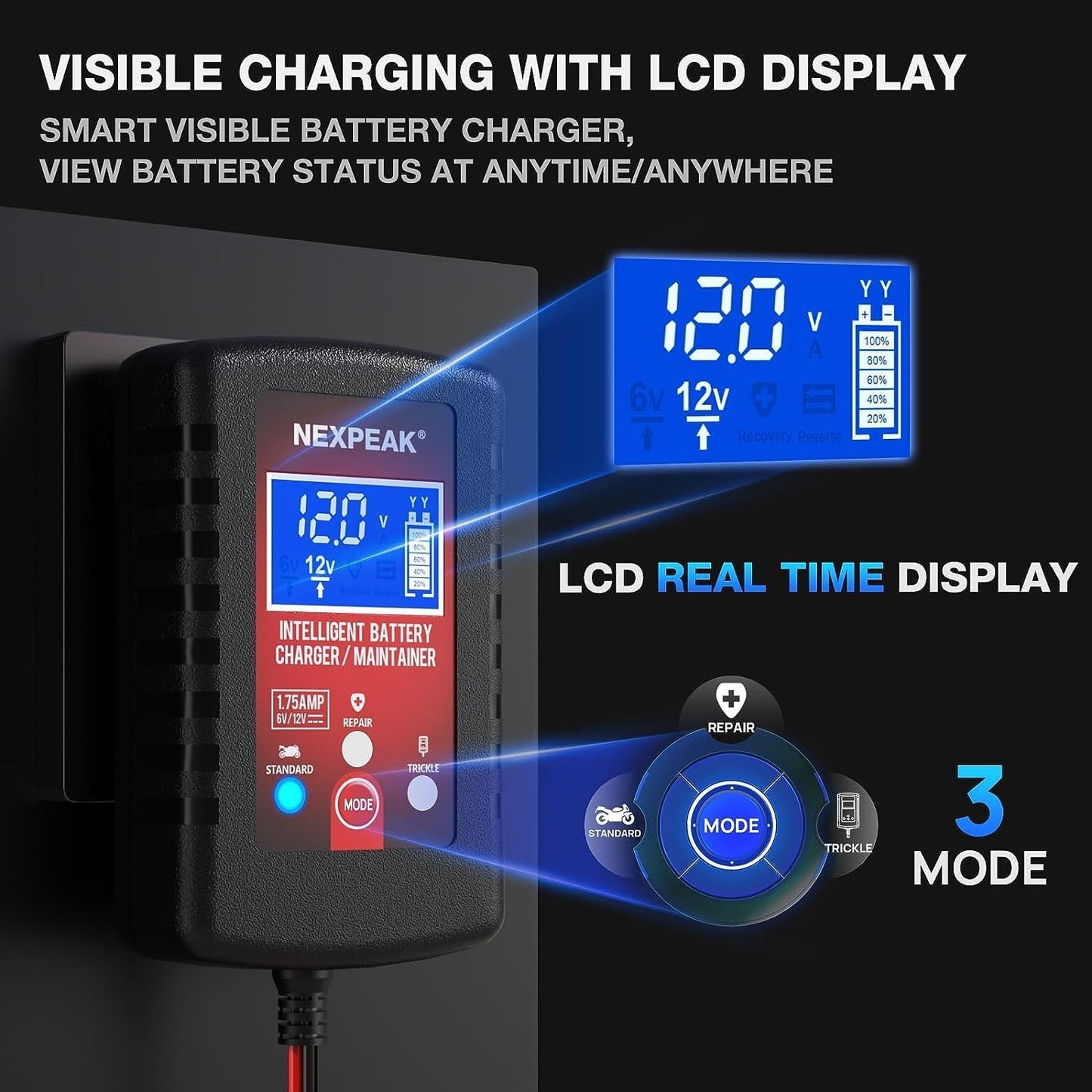 [4-Pack]1.75-Amp Car Battery Charger, 6V and 12V Smart Fully Automatic Battery Charger Maintainer, Trickle Charger, Battery Desulfator for Car, Lawn Mower, Motorcycle, Boat, Marine Lead Acid Batteries